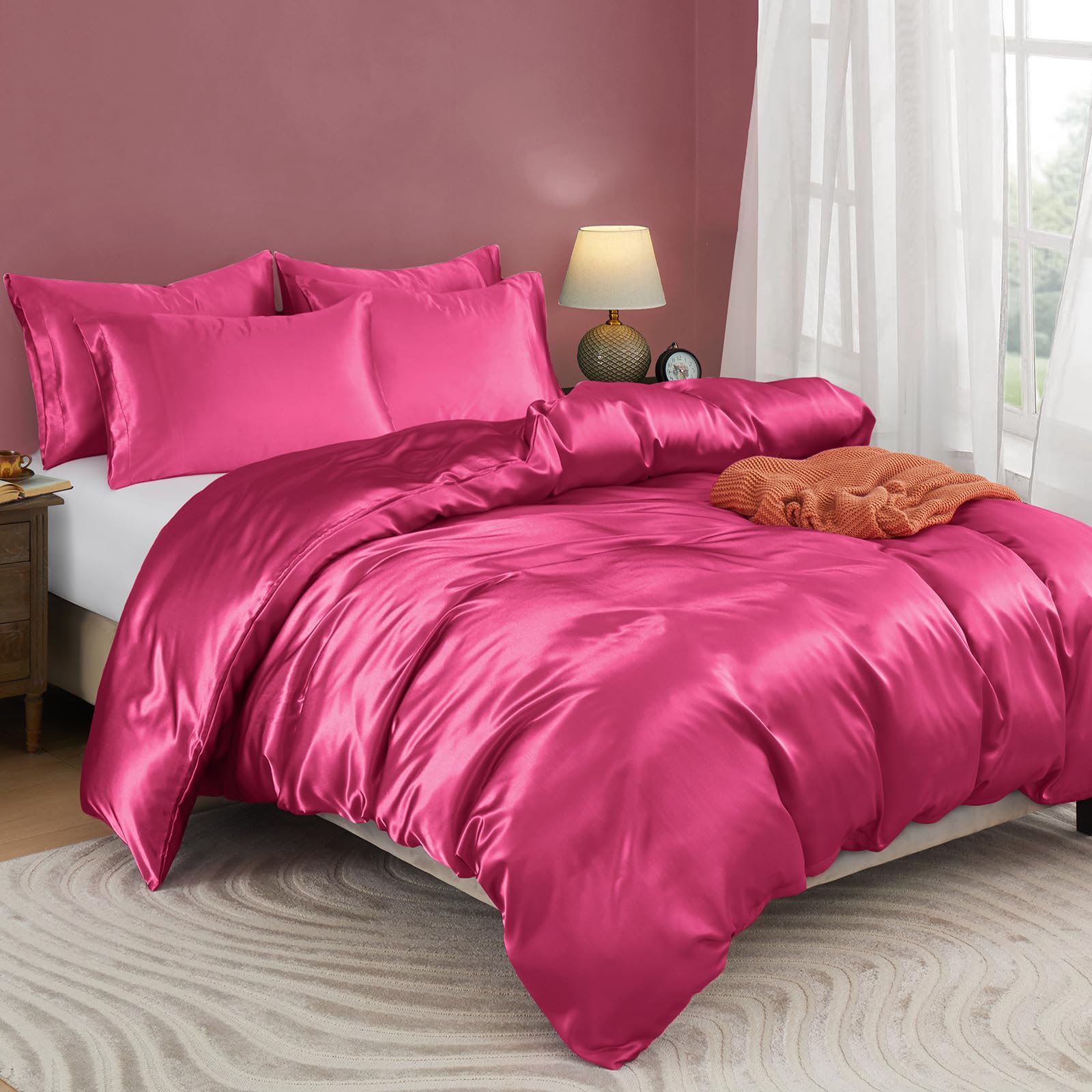 Horbaunal 5 Pieces Satin Duvet Cover Set Queen/Full Size Hot Pink Duvet Cover With Corner Ties & Zipper Closure, Luxury & Silky